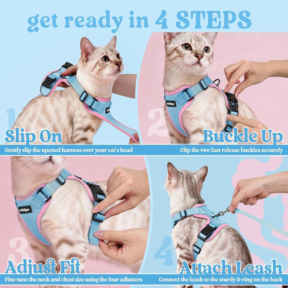 Cat Harness and Leash Set, Escape Proof Vest, Light Blue & Pink
