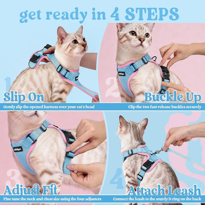 Cat Harness and Leash Set, Escape Proof Vest, Light Blue & Pink