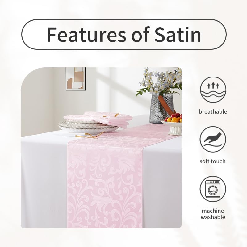 12 Packs Damask Light Pink Satin Table Runner 12 x 108Inch Light Pink Table Runners for Birthday Wedding Bachelorette Baby Shower Party Table Decorations Supplies
