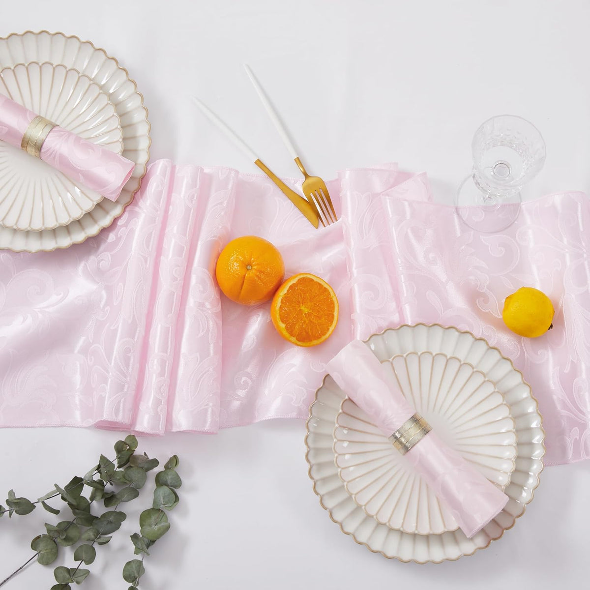 12 Packs Damask Light Pink Satin Table Runner 12 x 108Inch Light Pink Table Runners for Birthday Wedding Bachelorette Baby Shower Party Table Decorations Supplies