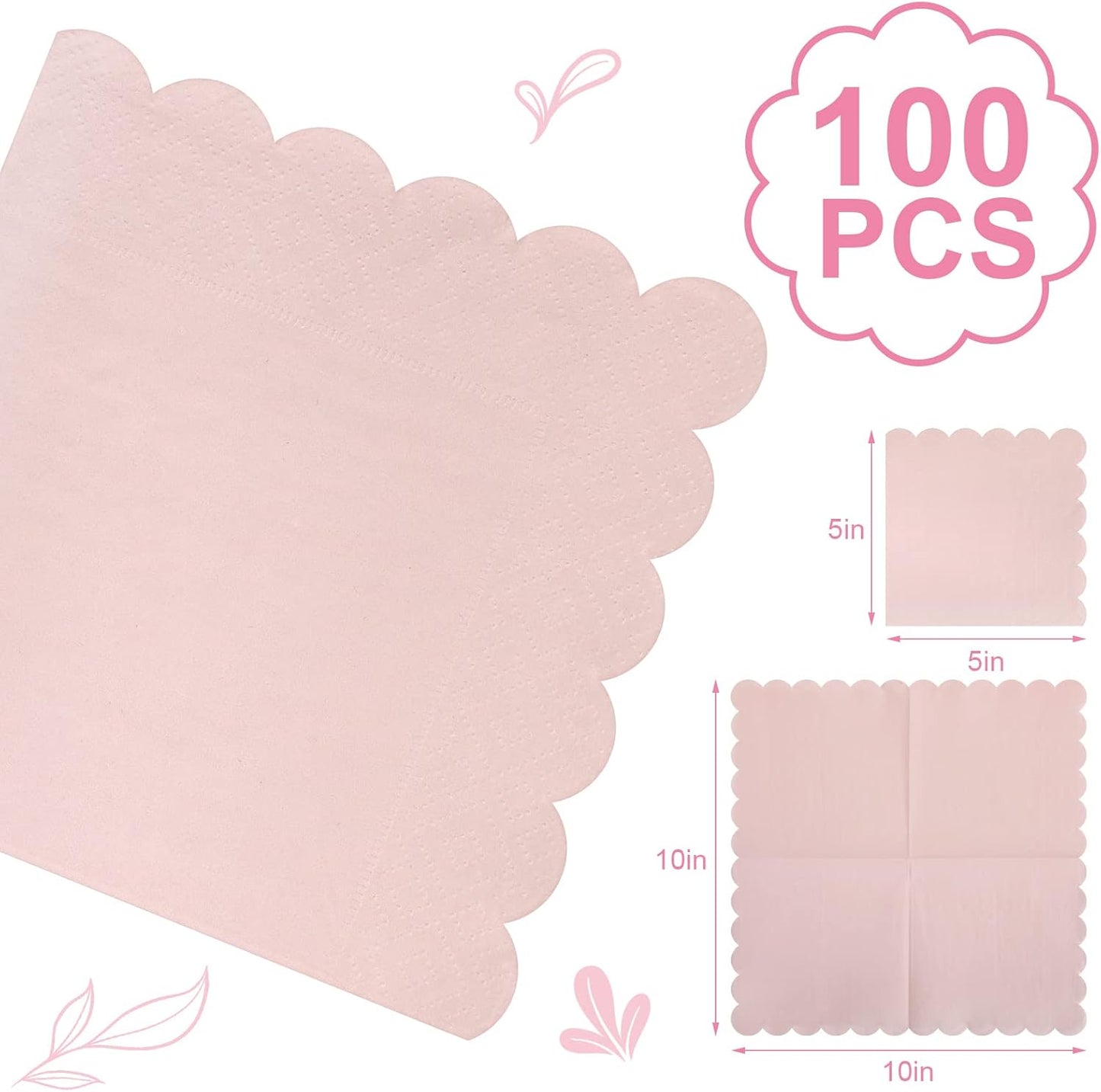 Fuutreo 100 Pcs Scalloped Cocktail Napkins Thick Paper Disposable Party Napkins Beverage Tissue for Wedding Dinner Birthday Supplies, 5 x 5 Inches(Light Pink)