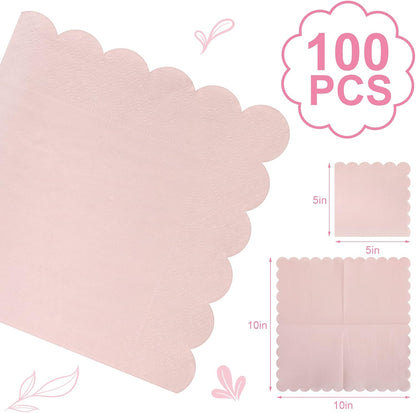 Fuutreo 100 Pcs Scalloped Cocktail Napkins Thick Paper Disposable Party Napkins Beverage Tissue for Wedding Dinner Birthday Supplies, 5 x 5 Inches(Light Pink)