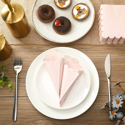 Fuutreo 100 Pcs Scalloped Cocktail Napkins Thick Paper Disposable Party Napkins Beverage Tissue for Wedding Dinner Birthday Supplies, 5 x 5 Inches(Light Pink)