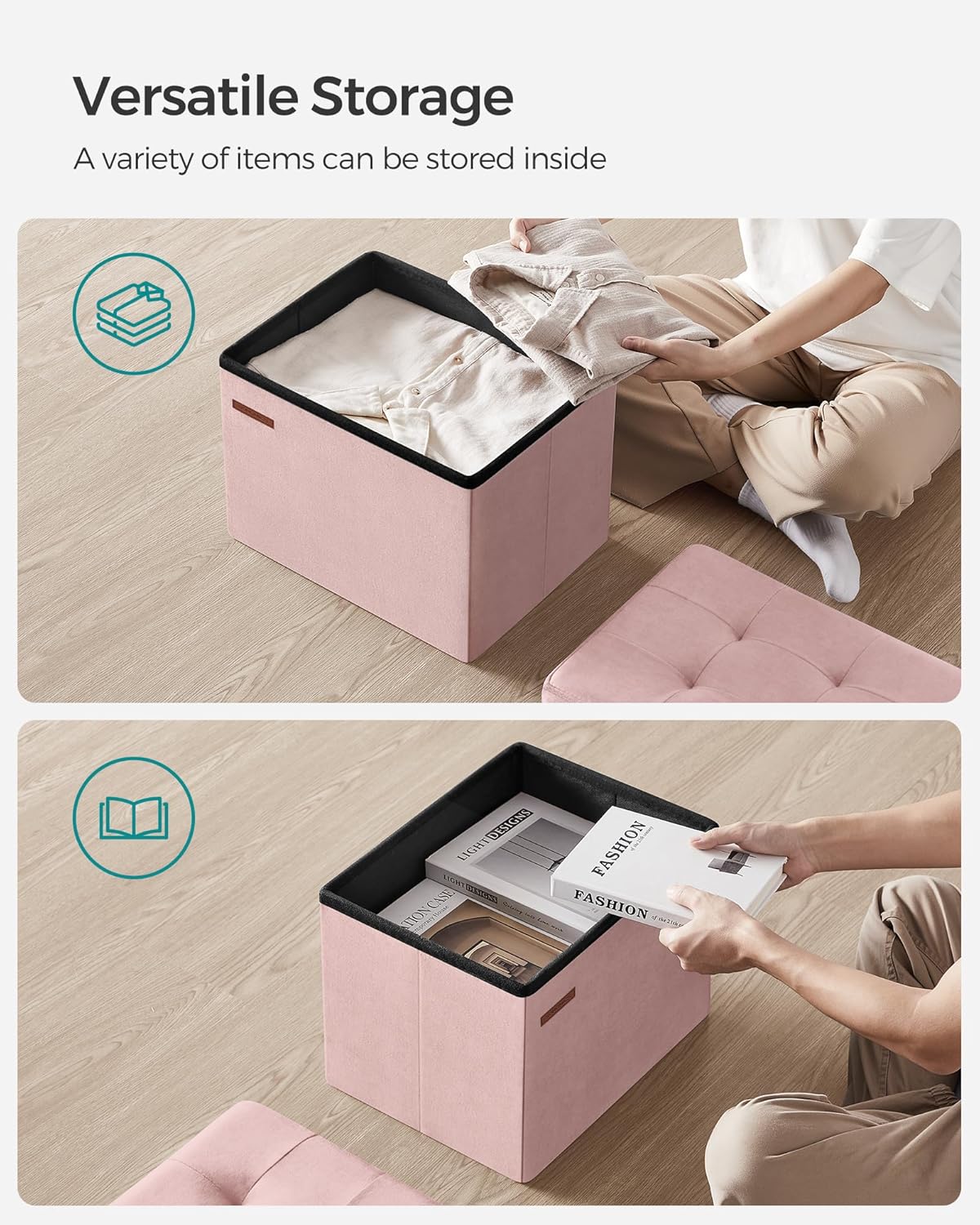 SONGMICS Small Folding Storage Ottoman, 12.2 x 16.1 x 12.2 Inches
