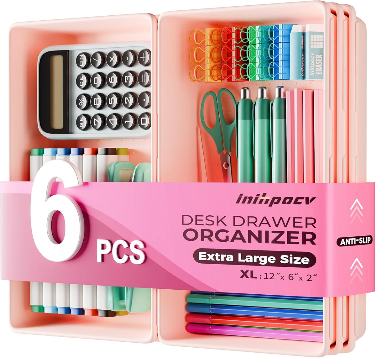 [6 PCS Extra-Large] Pink Drawer Organizer Trays with Non-Slip Pads, Interlocking Storage Bins for Vanity, Desk, Bathroom, Kitchen, Home Office and Utility Drawers