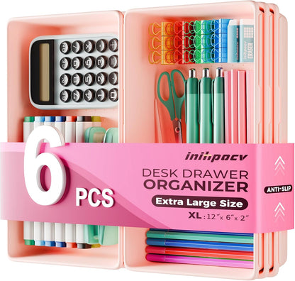 [6 PCS Extra-Large] Pink Drawer Organizer Trays with Non-Slip Pads, Interlocking Storage Bins for Vanity, Desk, Bathroom, Kitchen, Home Office and Utility Drawers