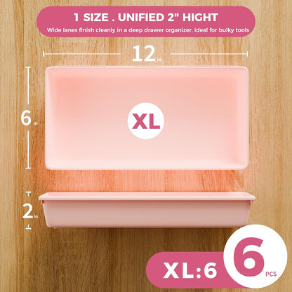 [6 PCS Extra-Large] Pink Drawer Organizer Trays with Non-Slip Pads, Interlocking Storage Bins for Vanity, Desk, Bathroom, Kitchen, Home Office and Utility Drawers