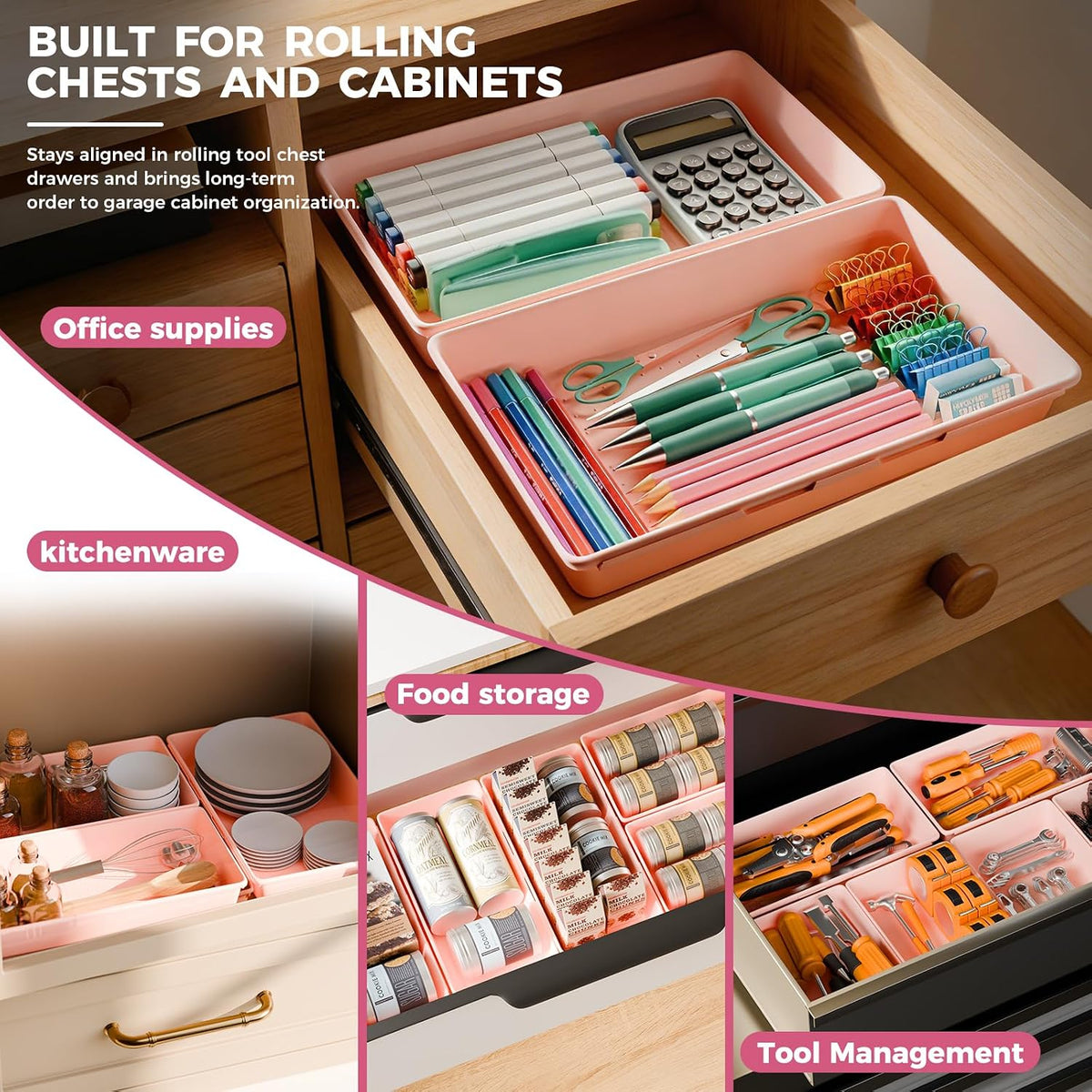 [6 PCS Extra-Large] Pink Drawer Organizer Trays with Non-Slip Pads, Interlocking Storage Bins for Vanity, Desk, Bathroom, Kitchen, Home Office and Utility Drawers
