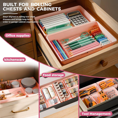 [6 PCS Extra-Large] Pink Drawer Organizer Trays with Non-Slip Pads, Interlocking Storage Bins for Vanity, Desk, Bathroom, Kitchen, Home Office and Utility Drawers