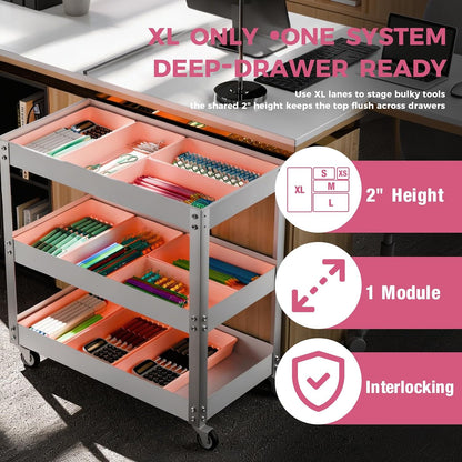 [6 PCS Extra-Large] Pink Drawer Organizer Trays with Non-Slip Pads, Interlocking Storage Bins for Vanity, Desk, Bathroom, Kitchen, Home Office and Utility Drawers