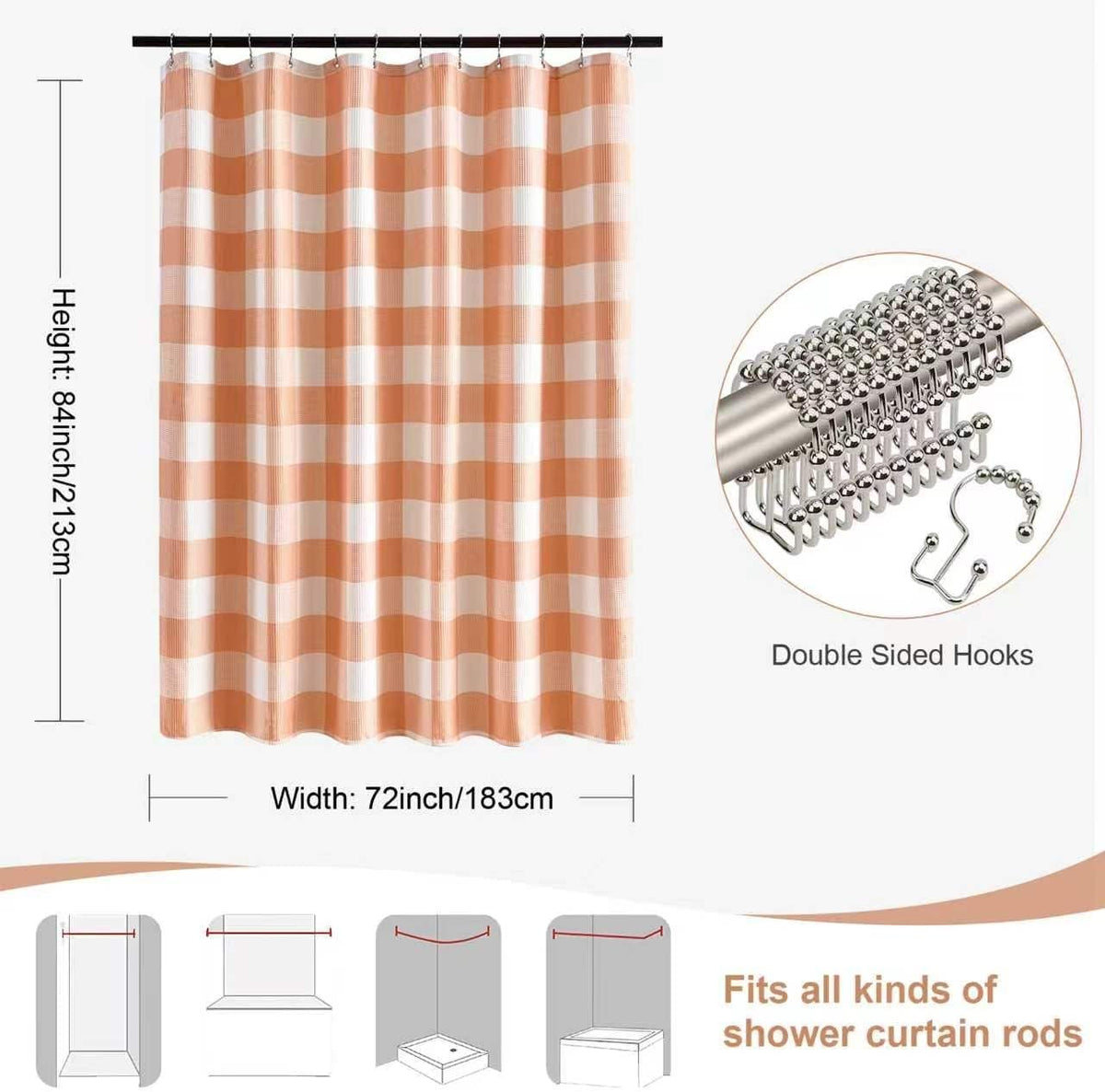 3 in 1 Waffle Shower Curtain and Liner Set 72x84 Peach and White