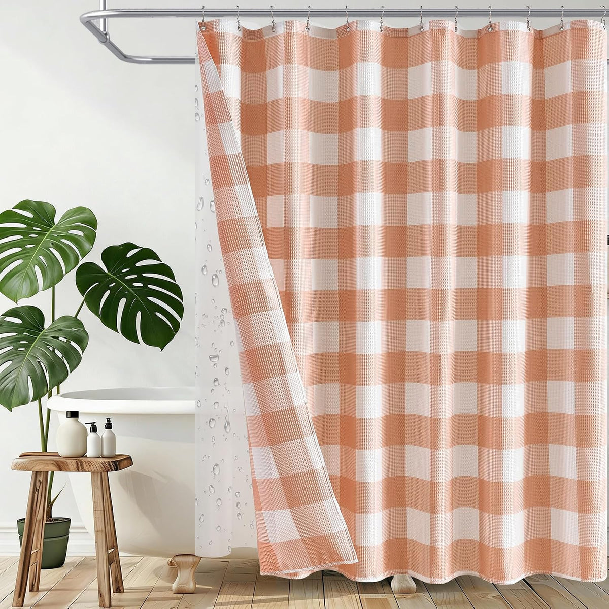 3 in 1 Waffle Shower Curtain and Liner Set 72x84 Peach and White
