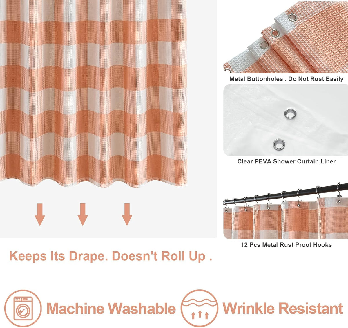 3 in 1 Waffle Shower Curtain and Liner Set 72x84 Peach and White