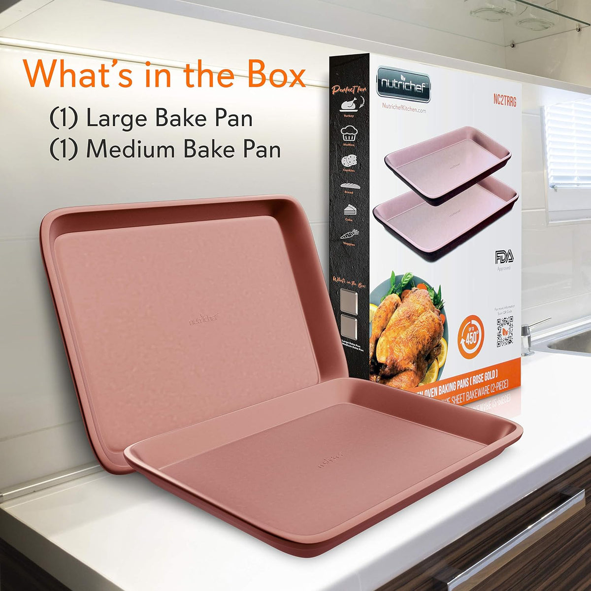 NutriChef Nonstick Cookie Sheet Baking Pan - 2pc Large & Medium Metal Oven Baking Tray, Professional Quality Kitchen Cooking Non-Stick Bake Trays w/ Rimmed Borders, Rose Gold