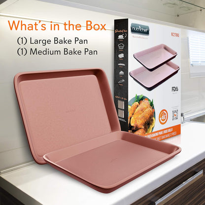 NutriChef Nonstick Cookie Sheet Baking Pan - 2pc Large & Medium Metal Oven Baking Tray, Professional Quality Kitchen Cooking Non-Stick Bake Trays w/ Rimmed Borders, Rose Gold