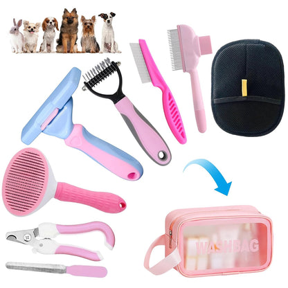 Aglads 8PCS Cat Rabbit Bunny Dog Grooming Kit, Self-Cleaning Slicker Brush & Deshedding Comb, Dematting Tool, Nail Clipper File, Flea Comb, Portable Storage Bag for Long/Short Haired Pets(8, pink)