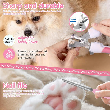 Aglads 8PCS Cat Rabbit Bunny Dog Grooming Kit, Self-Cleaning Slicker Brush & Deshedding Comb, Dematting Tool, Nail Clipper File, Flea Comb, Portable Storage Bag for Long/Short Haired Pets(8, pink)