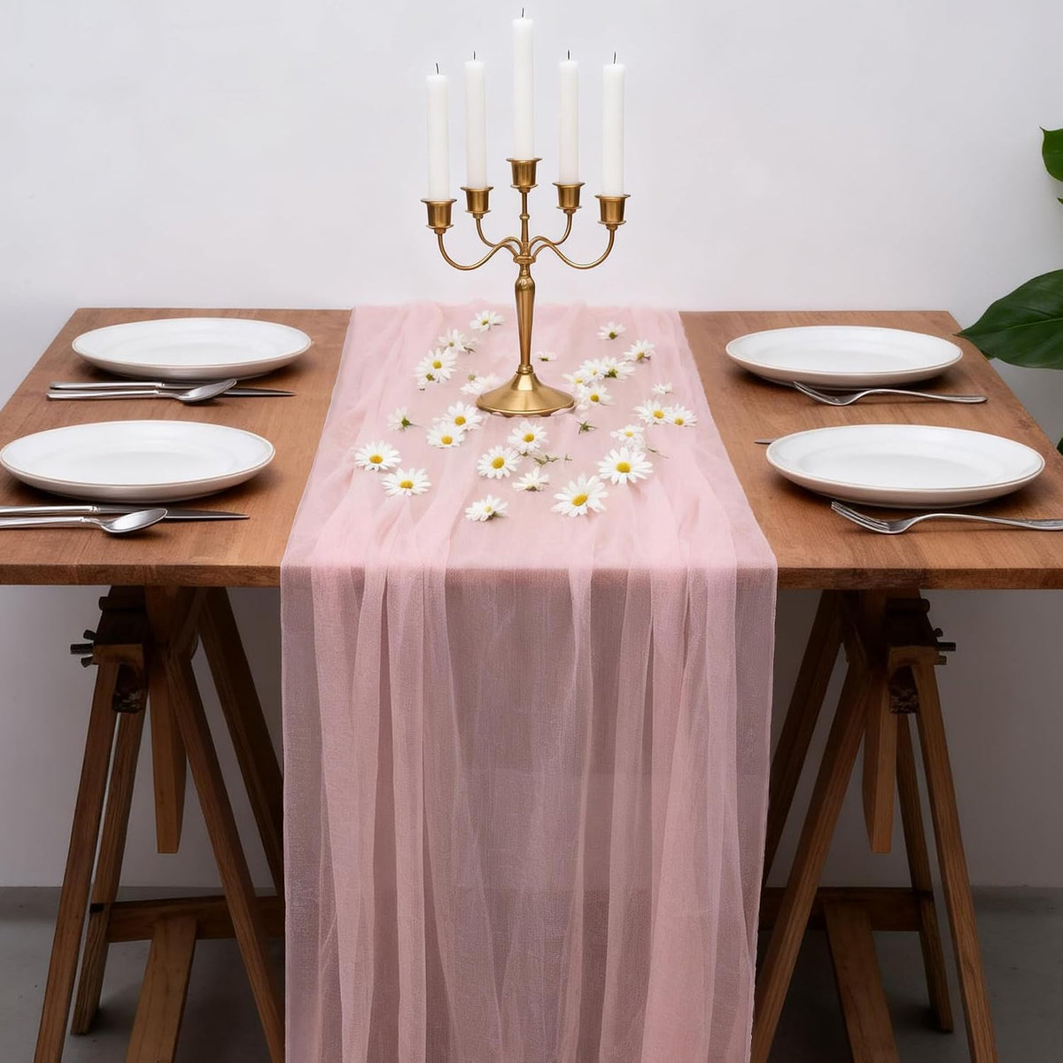 2 PCS Light Pink Cheesecloth Table Runner 33x120 Inch