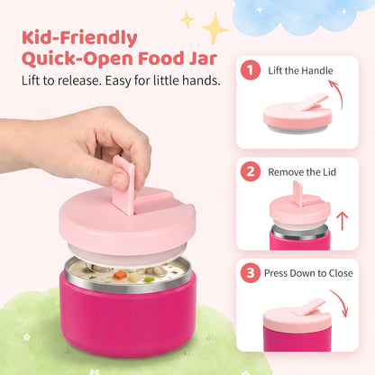 Bento Lunch Box with 8oz Soup Thermo, Kids Leakproof Lunch Food Containers with 4 Compartment, Kids Thermo Insulated Hot Food Jar for School, Trvael - (Pink)