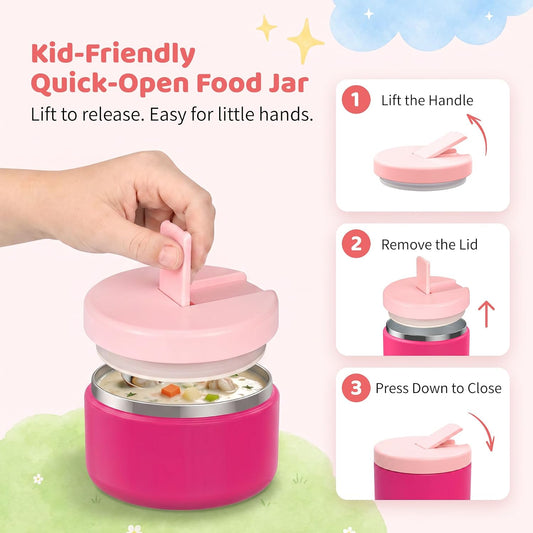 Bento Lunch Box with 8oz Soup Thermo, Kids Leakproof Lunch Food Containers with 4 Compartment, Kids Thermo Insulated Hot Food Jar for School, Trvael - (Pink)