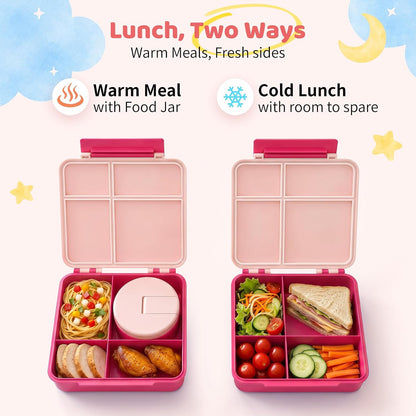 Bento Lunch Box with 8oz Soup Thermo, Kids Leakproof Lunch Food Containers with 4 Compartment, Kids Thermo Insulated Hot Food Jar for School, Trvael - (Pink)