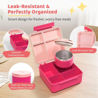 Bento Lunch Box with 8oz Soup Thermo, Kids Leakproof Lunch Food Containers with 4 Compartment, Kids Thermo Insulated Hot Food Jar for School, Trvael - (Pink)