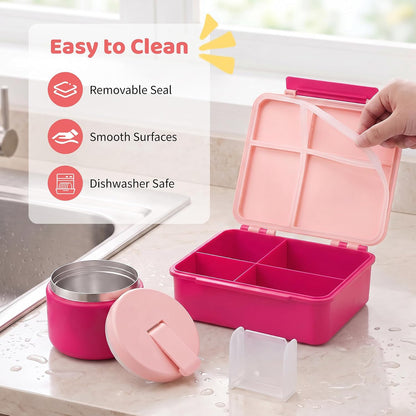 Bento Lunch Box with 8oz Soup Thermo, Kids Leakproof Lunch Food Containers with 4 Compartment, Kids Thermo Insulated Hot Food Jar for School, Trvael - (Pink)