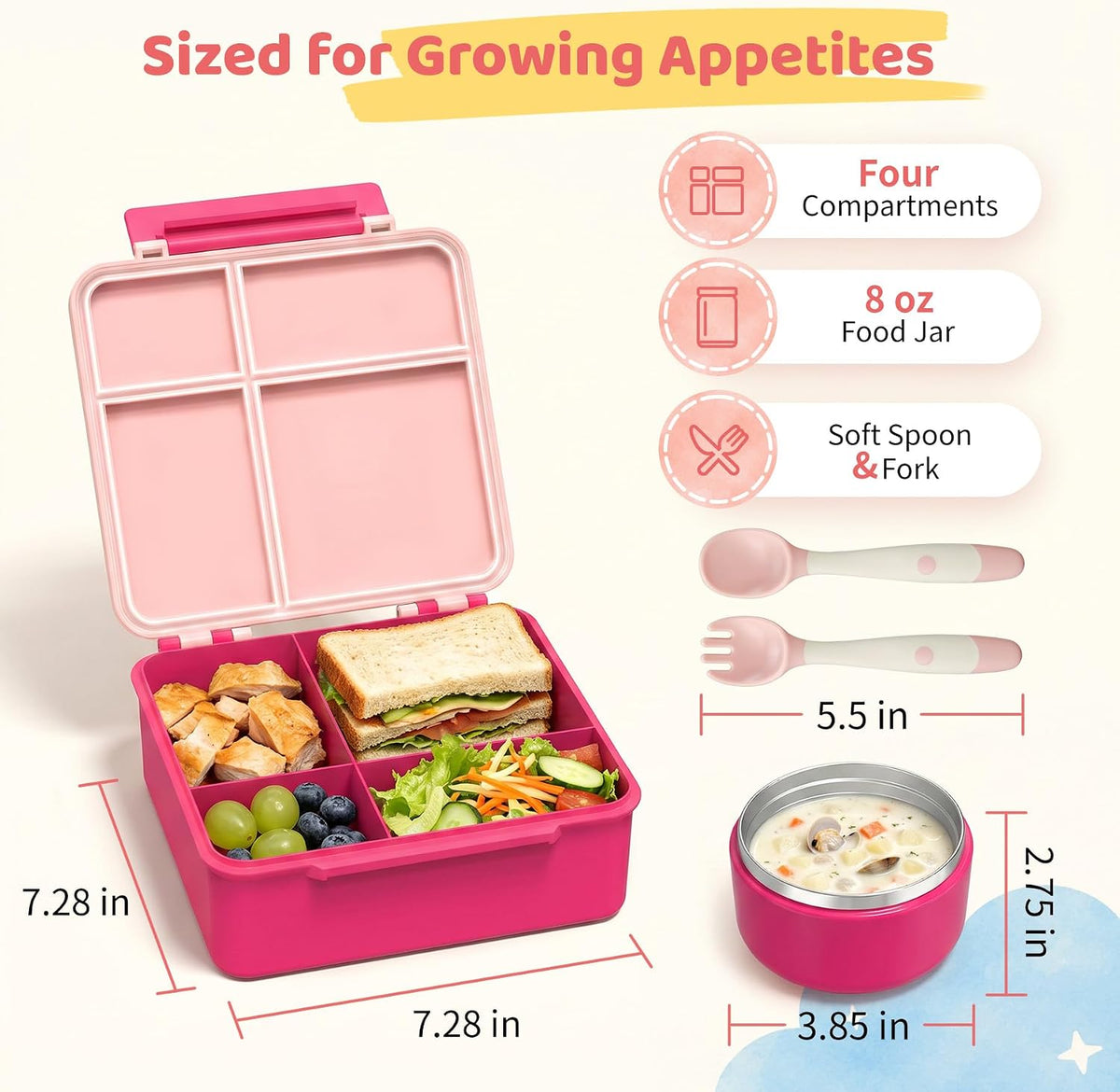 Bento Lunch Box with 8oz Soup Thermo, Kids Leakproof Lunch Food Containers with 4 Compartment, Kids Thermo Insulated Hot Food Jar for School, Trvael - (Pink)