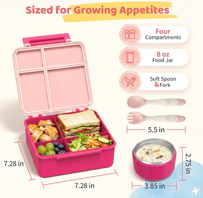 Bento Lunch Box with 8oz Soup Thermo, Kids Leakproof Lunch Food Containers with 4 Compartment, Kids Thermo Insulated Hot Food Jar for School, Trvael - (Pink)