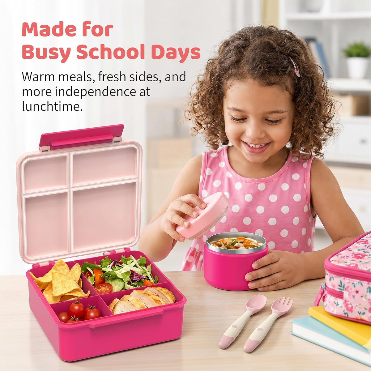 Bento Lunch Box with 8oz Soup Thermo, Kids Leakproof Lunch Food Containers with 4 Compartment, Kids Thermo Insulated Hot Food Jar for School, Trvael - (Pink)