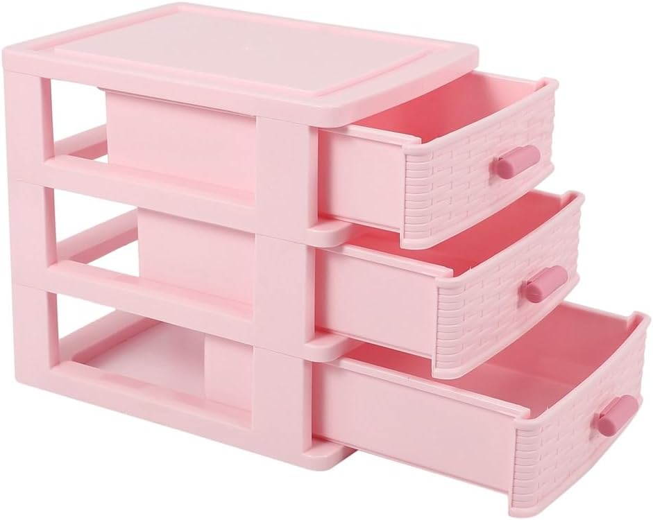 Plastic Drawer Designed 3 Compartment Jewelry Storage Box Pink