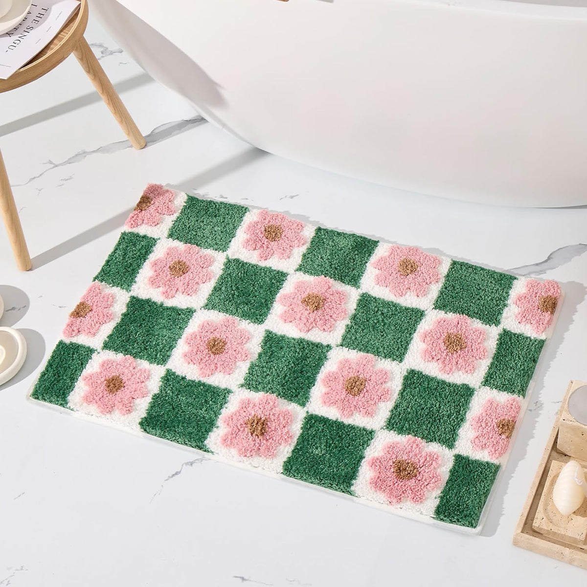 Cute Green Bathroom Rug Checkered Pink Floral Bath Mat Soft Microfiber Non Slip Washable Absorbent Rugs for Laundry Sink Floor Decor, 20x32 inch