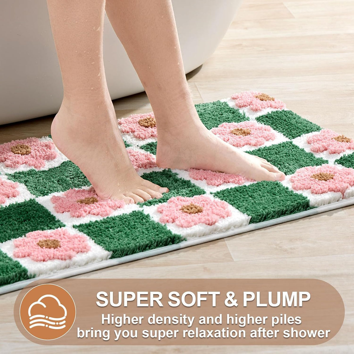 Cute Green Bathroom Rug Checkered Pink Floral Bath Mat Soft Microfiber Non Slip Washable Absorbent Rugs for Laundry Sink Floor Decor, 20x32 inch