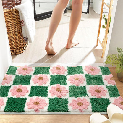 Cute Green Bathroom Rug Checkered Pink Floral Bath Mat Soft Microfiber Non Slip Washable Absorbent Rugs for Laundry Sink Floor Decor, 20x32 inch