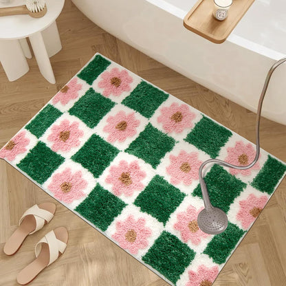 Cute Green Bathroom Rug Checkered Pink Floral Bath Mat Soft Microfiber Non Slip Washable Absorbent Rugs for Laundry Sink Floor Decor, 20x32 inch