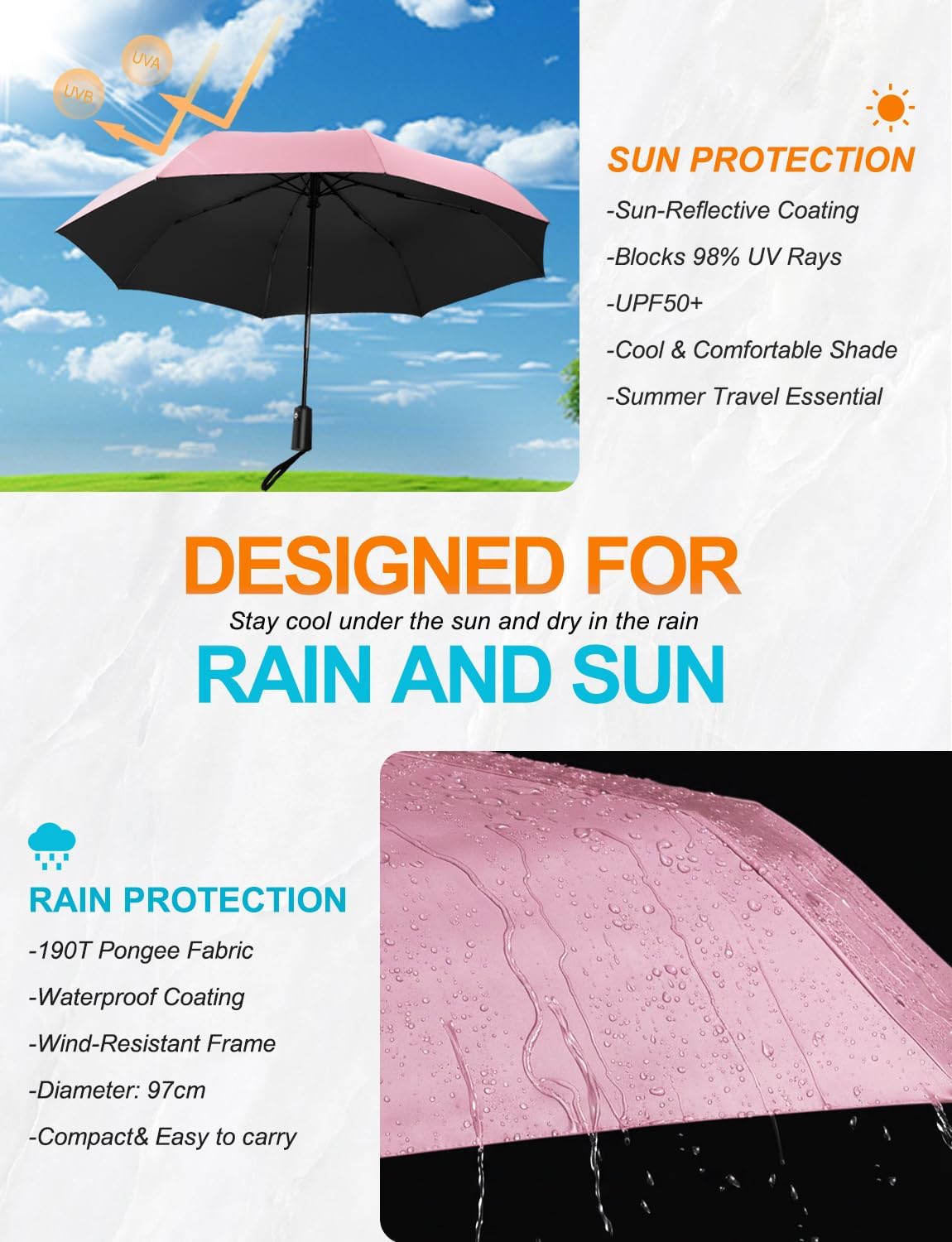 Windproof Travel Umbrella, Automatic Compact Folding Umbrella, Small Travel Size Umbrella for Rain, Backpack & Everyday Carry