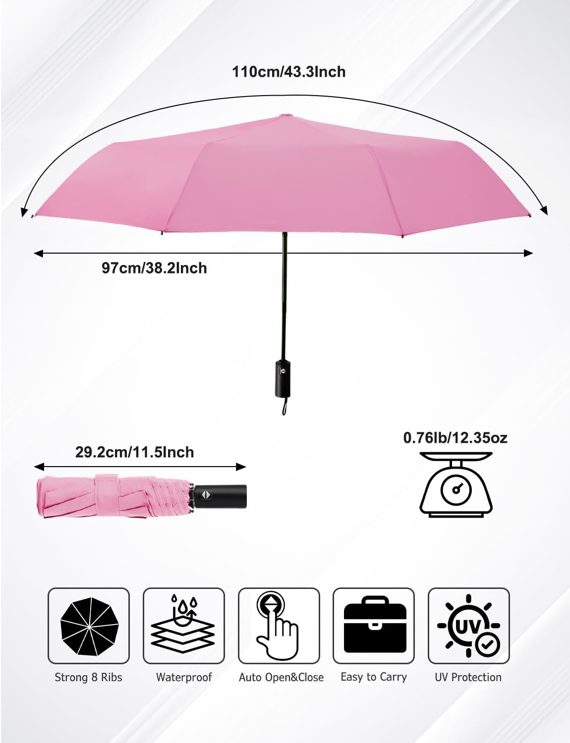 Windproof Travel Umbrella, Automatic Compact Folding Umbrella, Small Travel Size Umbrella for Rain, Backpack & Everyday Carry