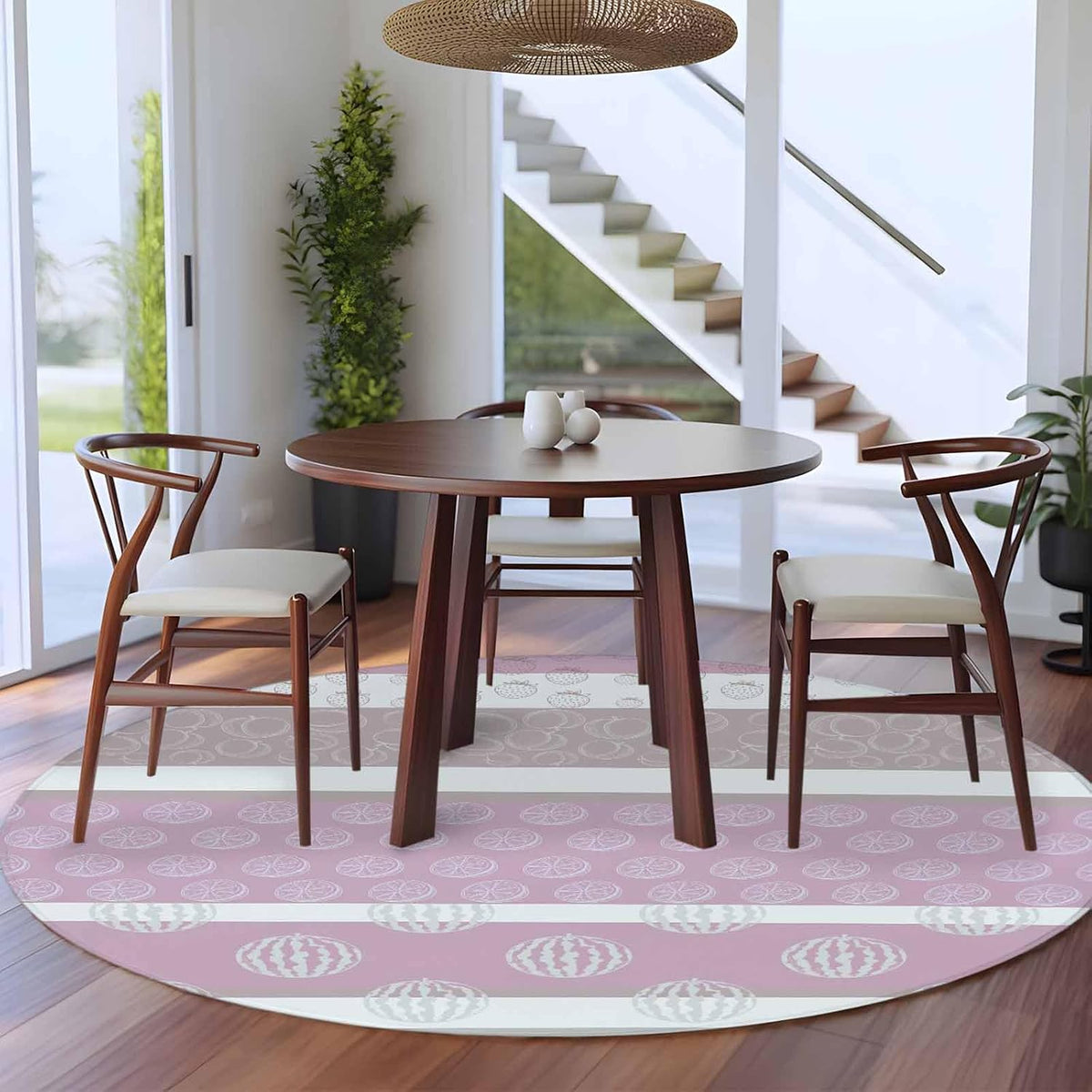 Farm Fruits Round Area Rug 7Ft, Non Slip Circle Area Rugs for Living Room, Watermelon Lemons Peach Pink Grey Striped Washable Low Pile Indoor Floor Carpet Door Mat for Bedroom Kitchen Dining Room