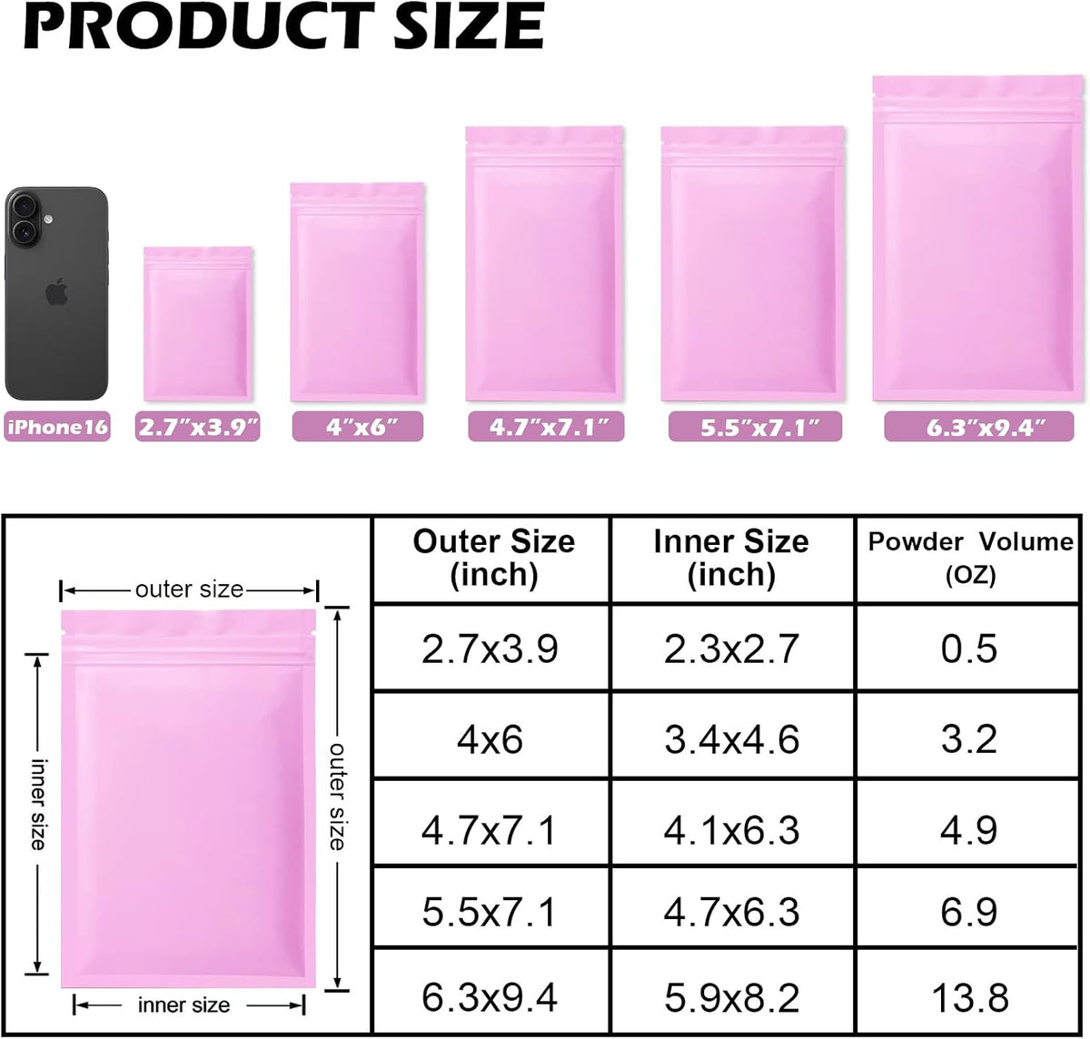 100 Pcs Odor Proof Resealable Mylar Bags (Pink, 6.3" x 9.4")