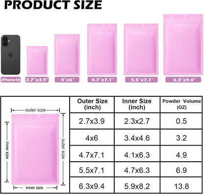 100 Pcs Odor Proof Resealable Mylar Bags (Pink, 6.3" x 9.4")