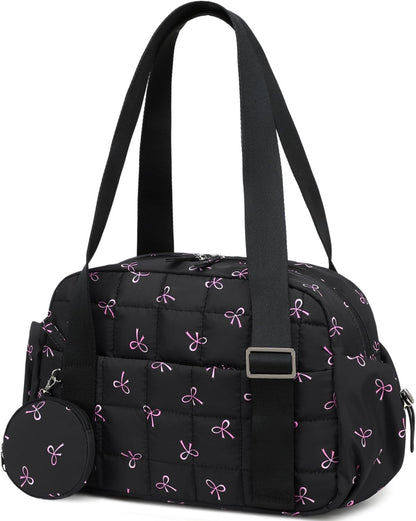 Mini Gym Bag for Women, Small Gym Tote Bag Puffy Quilted Sports Duffel Bag with Wet Compartment and Coin Purse Duffel Bags Dance Yoga Workout Bag for Gifts (Black Pink Bow, Mini-12.6")