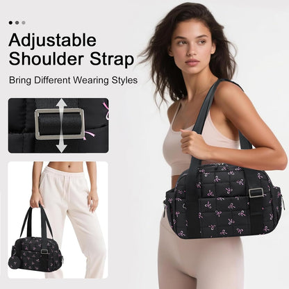 Mini Gym Bag for Women, Small Gym Tote Bag Puffy Quilted Sports Duffel Bag with Wet Compartment and Coin Purse Duffel Bags Dance Yoga Workout Bag for Gifts (Black Pink Bow, Mini-12.6")