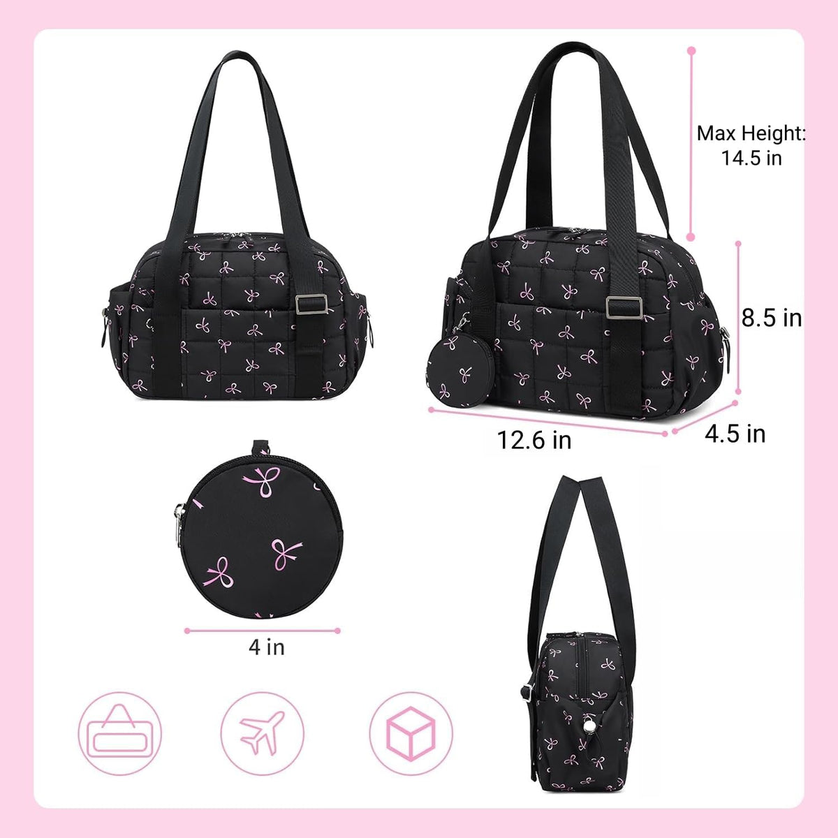 Mini Gym Bag for Women, Small Gym Tote Bag Puffy Quilted Sports Duffel Bag with Wet Compartment and Coin Purse Duffel Bags Dance Yoga Workout Bag for Gifts (Black Pink Bow, Mini-12.6")