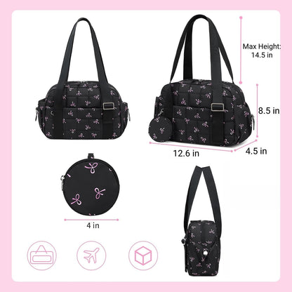 Mini Gym Bag for Women, Small Gym Tote Bag Puffy Quilted Sports Duffel Bag with Wet Compartment and Coin Purse Duffel Bags Dance Yoga Workout Bag for Gifts (Black Pink Bow, Mini-12.6")