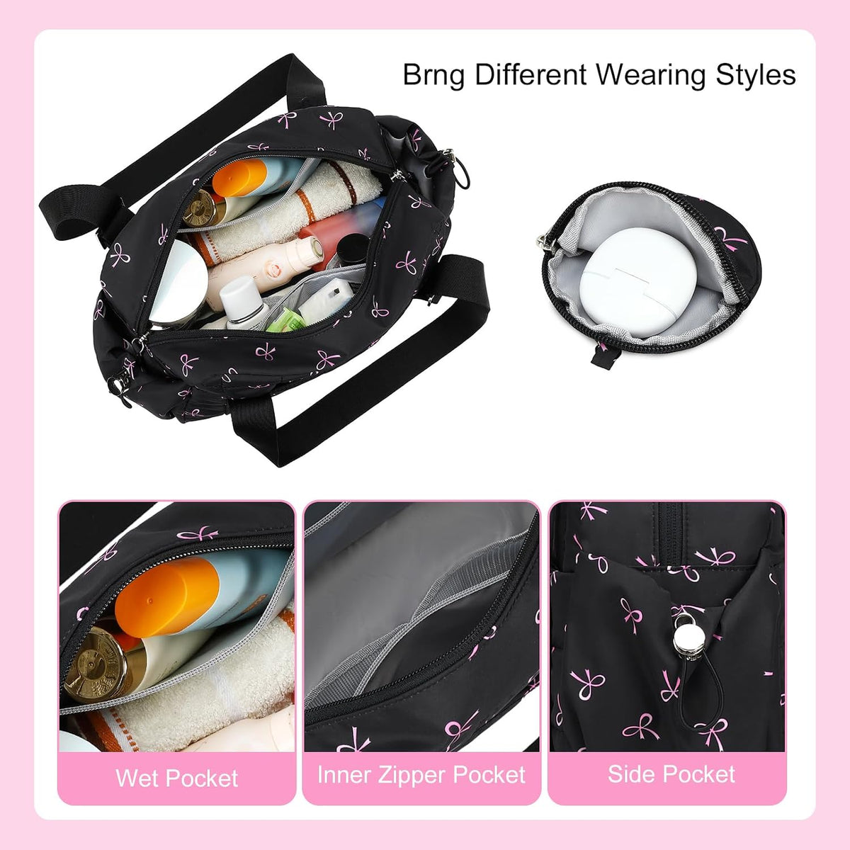 Mini Gym Bag for Women, Small Gym Tote Bag Puffy Quilted Sports Duffel Bag with Wet Compartment and Coin Purse Duffel Bags Dance Yoga Workout Bag for Gifts (Black Pink Bow, Mini-12.6")