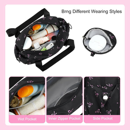 Mini Gym Bag for Women, Small Gym Tote Bag Puffy Quilted Sports Duffel Bag with Wet Compartment and Coin Purse Duffel Bags Dance Yoga Workout Bag for Gifts (Black Pink Bow, Mini-12.6")