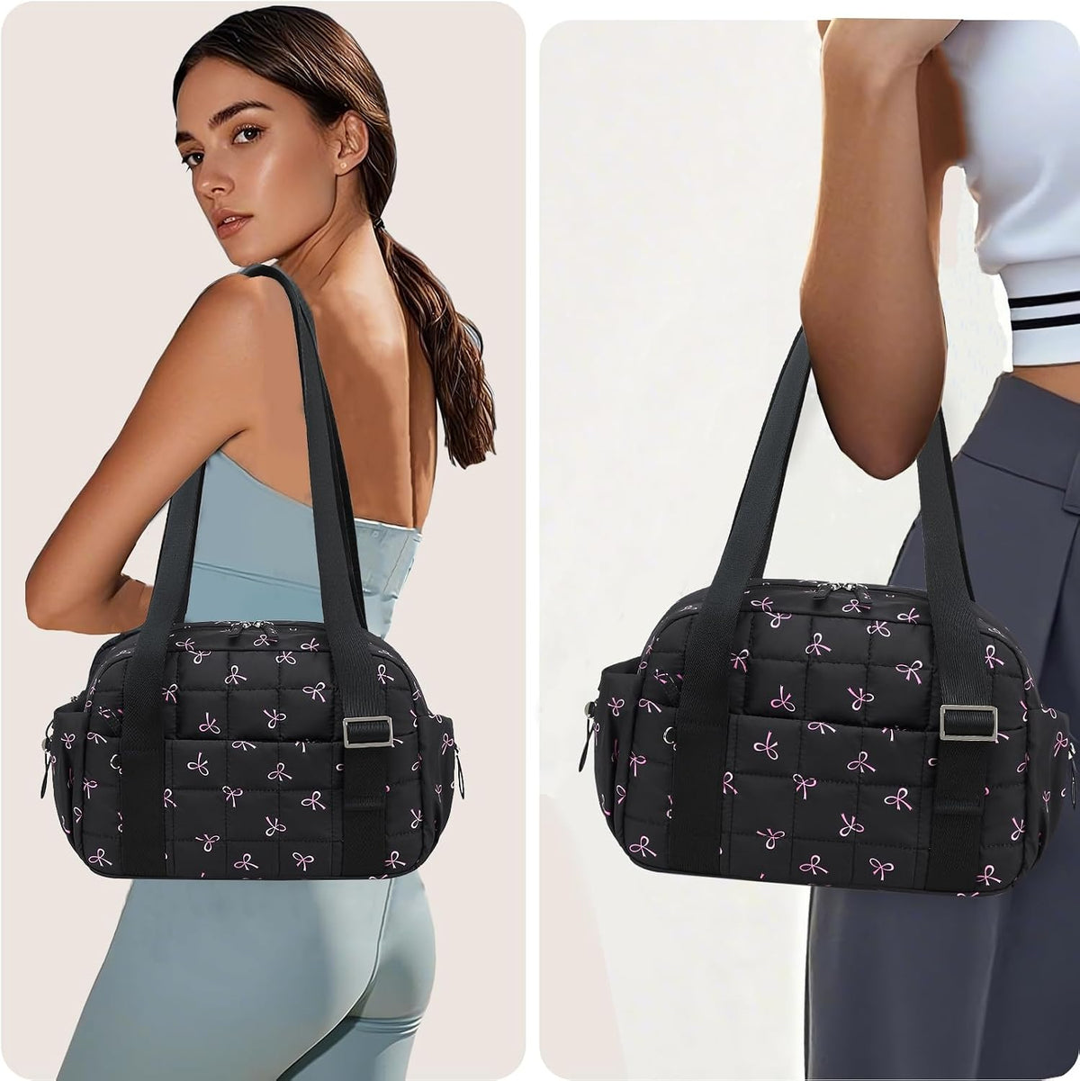 Mini Gym Bag for Women, Small Gym Tote Bag Puffy Quilted Sports Duffel Bag with Wet Compartment and Coin Purse Duffel Bags Dance Yoga Workout Bag for Gifts (Black Pink Bow, Mini-12.6")