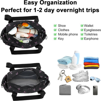 Mini Gym Bag for Women, Small Gym Tote Bag Puffy Quilted Sports Duffel Bag with Wet Compartment and Coin Purse Duffel Bags Dance Yoga Workout Bag for Gifts (Black Pink Bow, Mini-12.6")