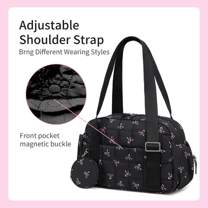 Mini Gym Bag for Women, Small Gym Tote Bag Puffy Quilted Sports Duffel Bag with Wet Compartment and Coin Purse Duffel Bags Dance Yoga Workout Bag for Gifts (Black Pink Bow, Mini-12.6")