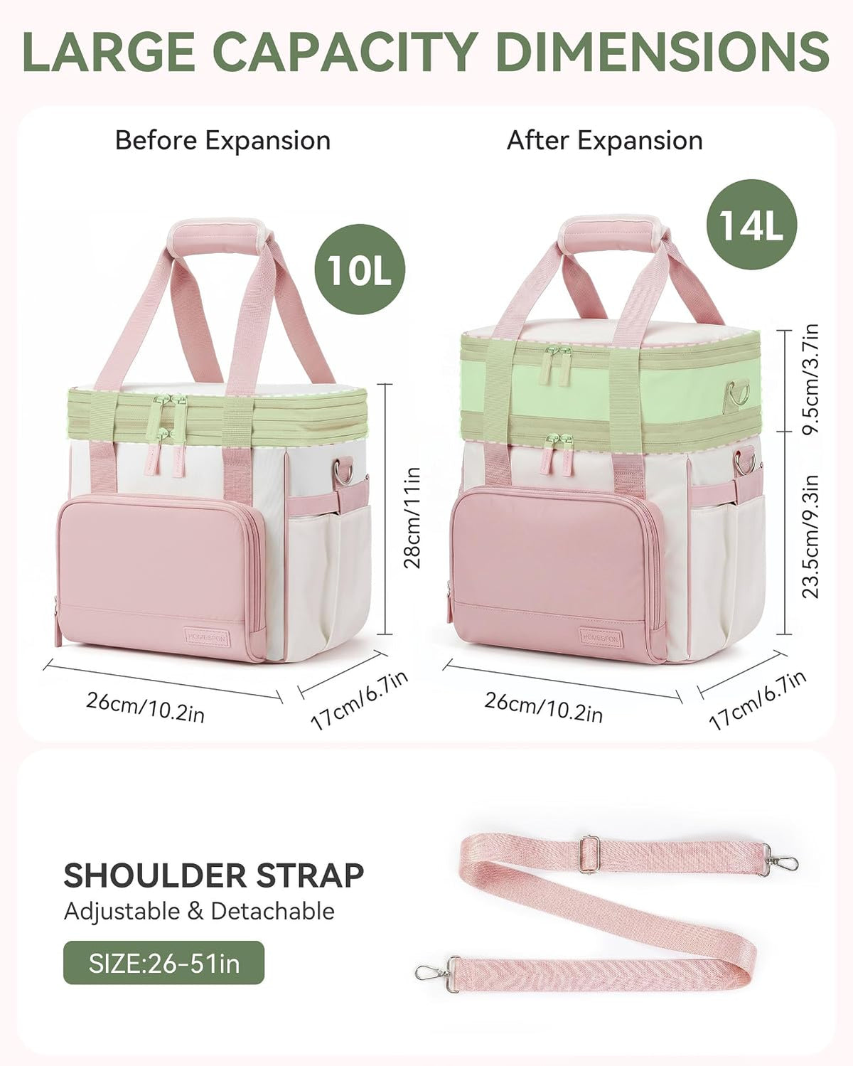 14L Double Layer Lunch Bag for Women, Expandable Cooler Tote Pink
